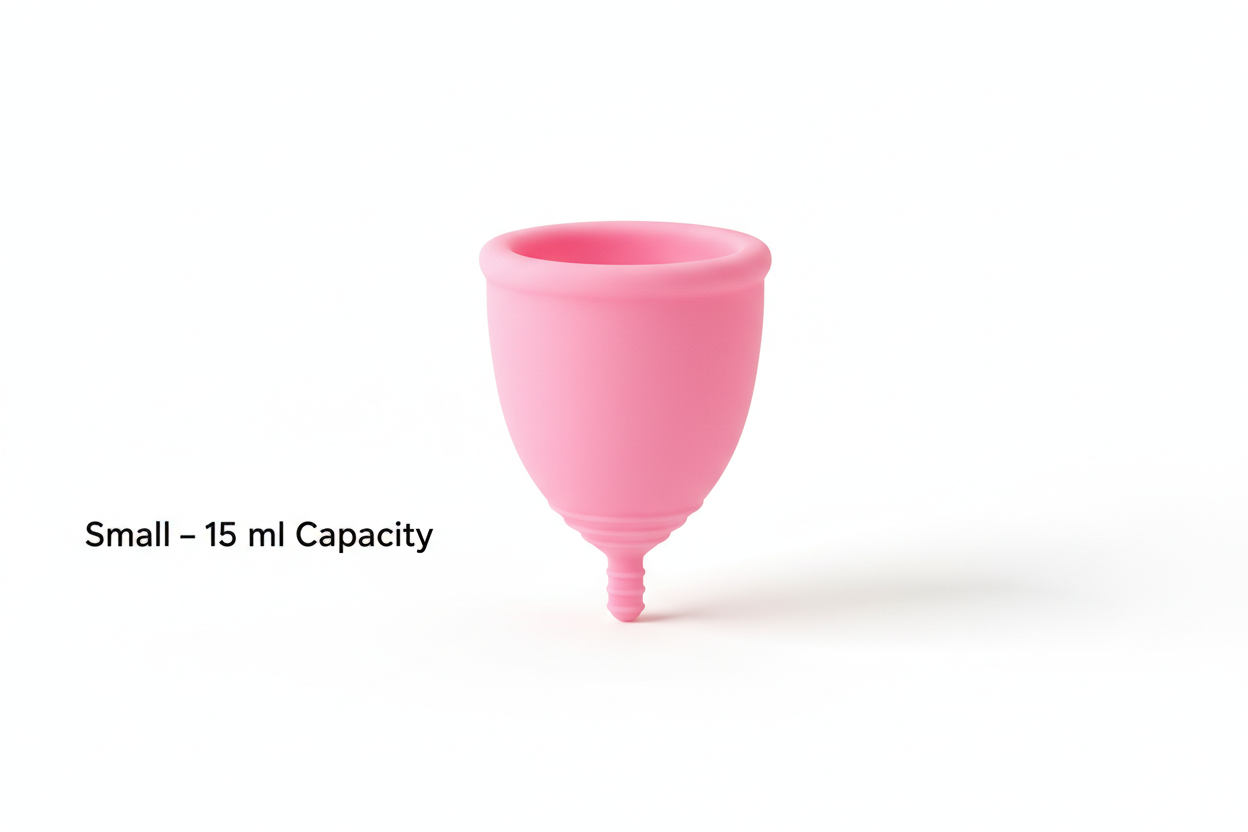 "Create a high-quality product photo of a Small size menstrual cup made of medical-grade silicone. The cup should be pink, soft, flexible, and have a slightly smaller shape than medium or large cups. Add a clean white studio background with soft shadows. Clearly display a small size label near the cup such as 'Small – 15 ml Capacity' in a minimal, modern font. The cup should have a soft grip stem, smooth rim, and realistic silicone texture. Make it look like a professional e-commerce product image."
